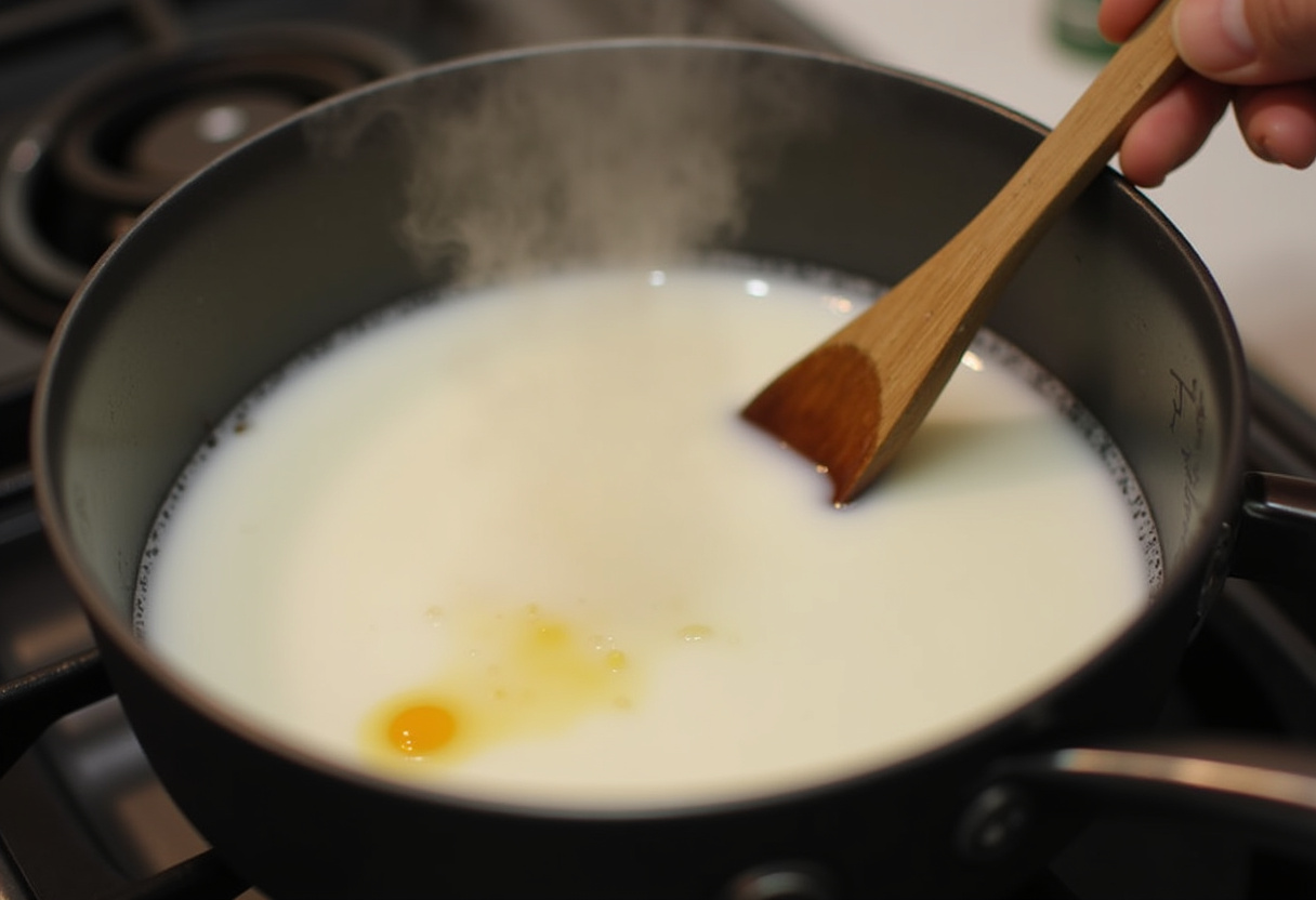 Leche, azúcar y extracto de vainilla calentándose en una cacerola para el Pudding de pan y manzana.