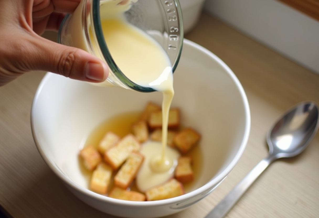 Mezcla de leche caliente vertida sobre el pan y las manzanas para el Pudding.