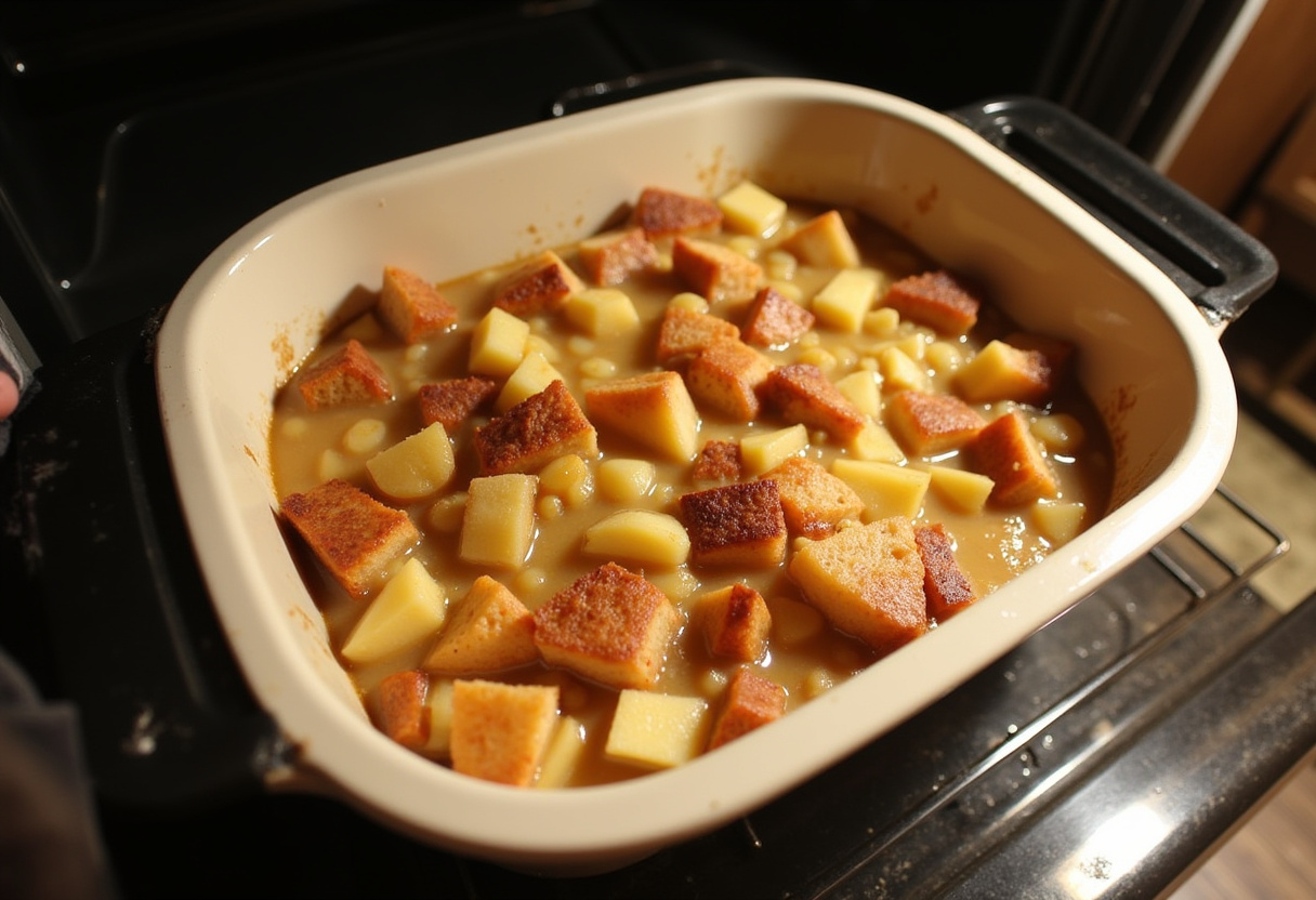 Molde para hornear con la mezcla de pan y manzana listo para el horno.