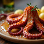 Pulpo a la gallega servido con patatas y espolvoreado con pimentón, listo para disfrutar.