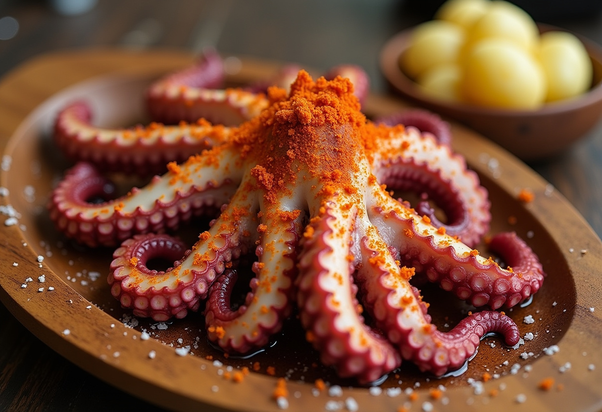 Pulpo a la gallega servido con patatas y espolvoreado con pimentón, listo para disfrutar.