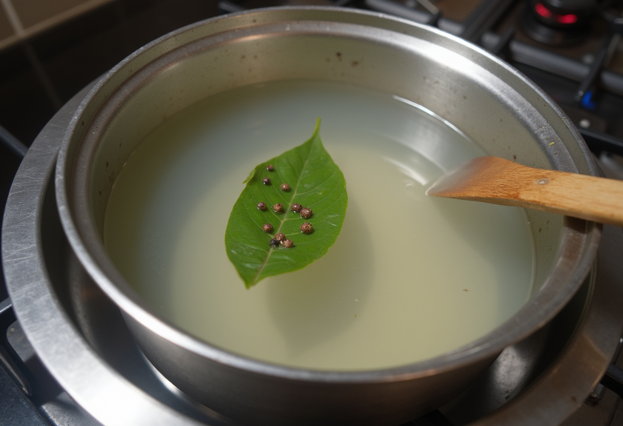 Olla grande con agua hirviendo, hojas de laurel y cebolla para cocinar pulpo a la gallega.