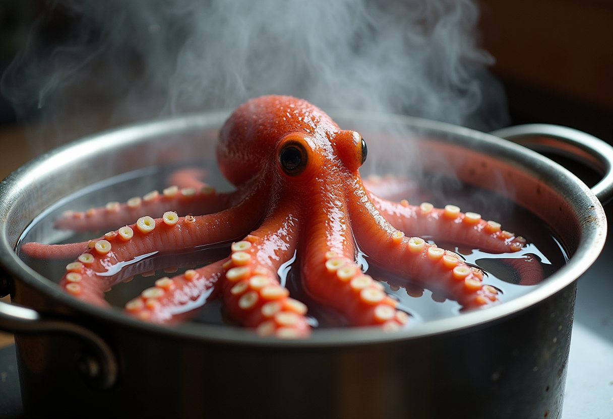 Pulpo siendo sumergido en agua hirviendo para preparar pulpo a la gallega.