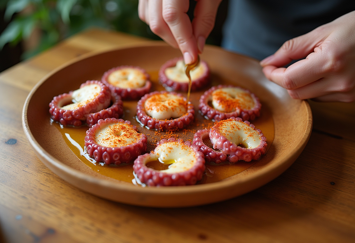 Rodajas de pulpo servidas con aceite de oliva, sal gruesa y pimentón para pulpo a la gallega.