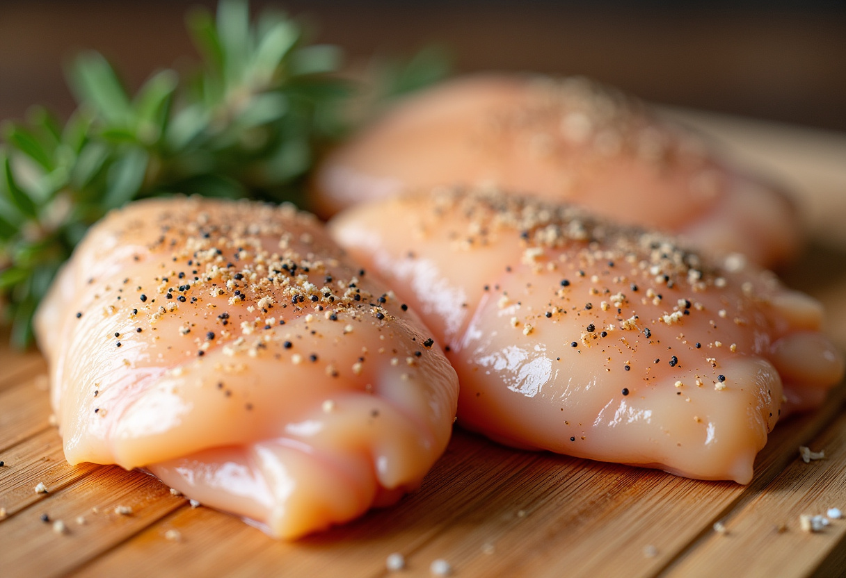 Piezas de pollo sazonadas con sal y pimienta para la receta de Pollo a la Jardinera.
