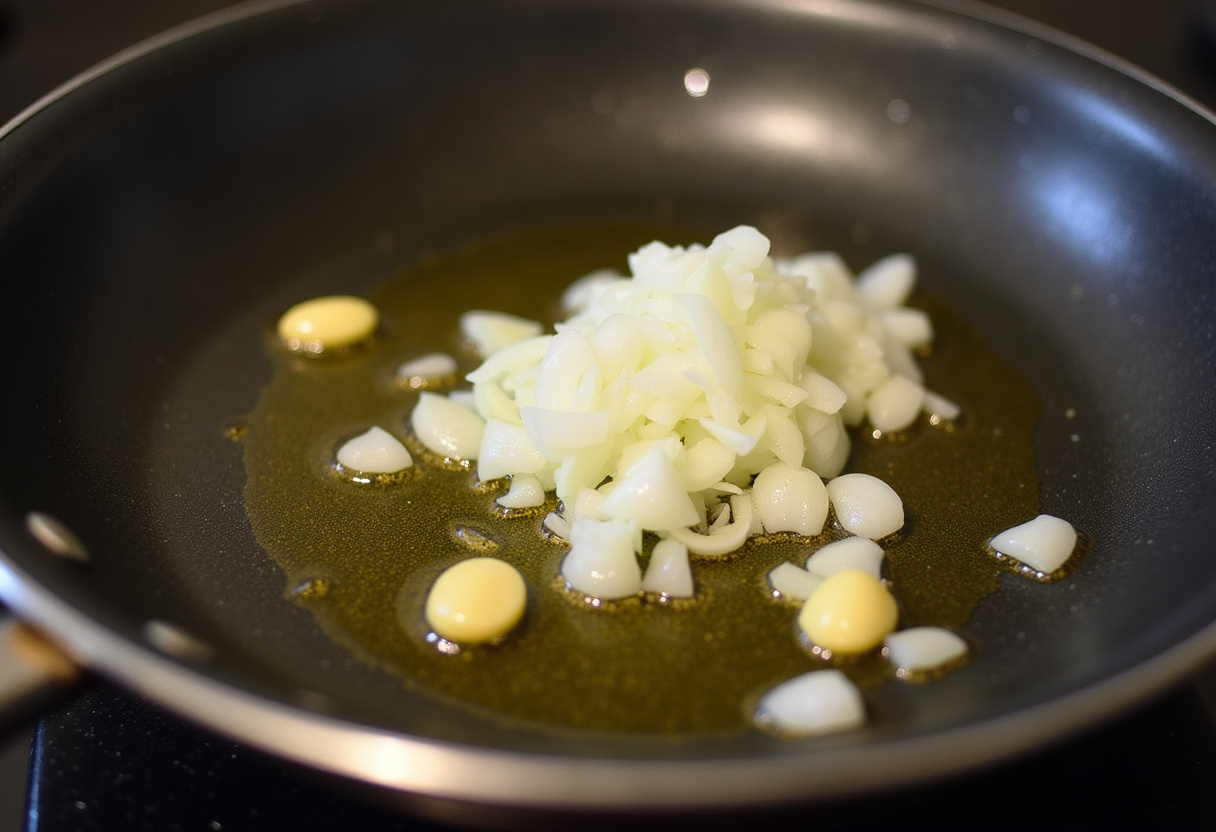 Sartén con aceite de oliva calentándose para cocinar Pollo a la Jardinera.