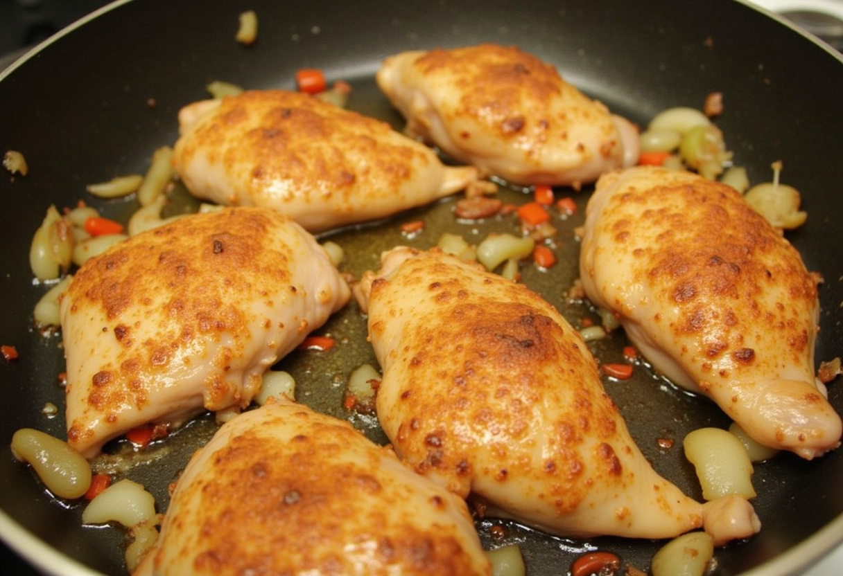 Piezas de pollo dorándose en la sartén con cebolla, ajo y pimientos para Pollo a la Jardinera.