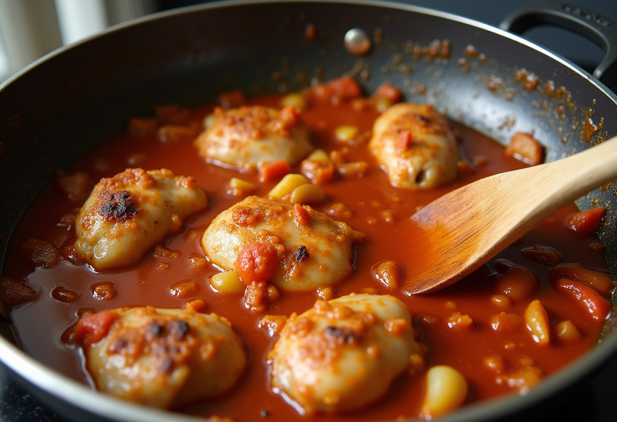 Pollo y verduras cocinándose en una salsa de tomate para Pollo a la Jardinera.