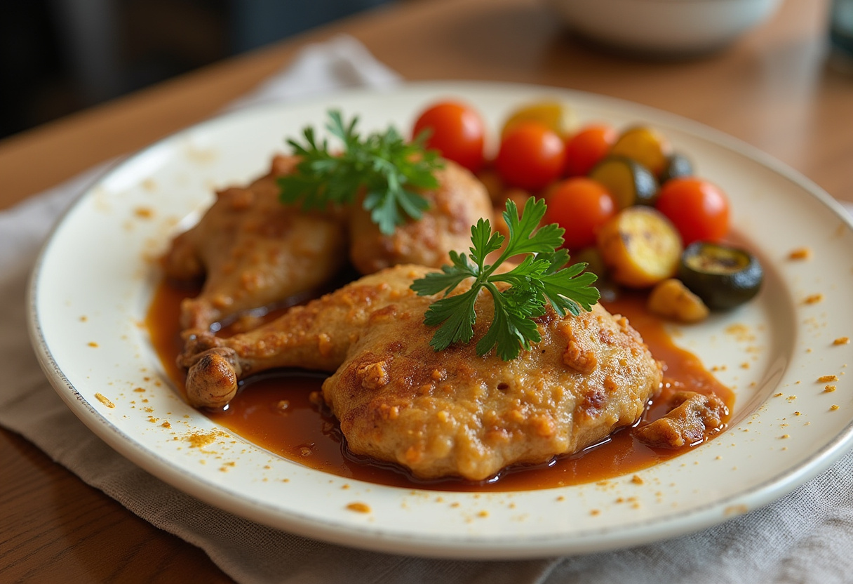 Pollo a la Mostaza terminado, dorado y jugoso, servido con vegetales asados.