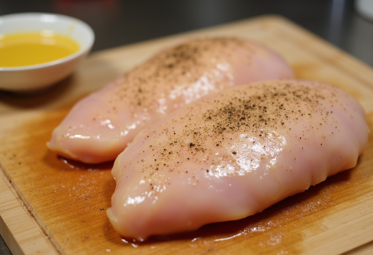 Pechugas de pollo sazonadas con sal y pimienta para la receta de Pollo a la Mostaza.