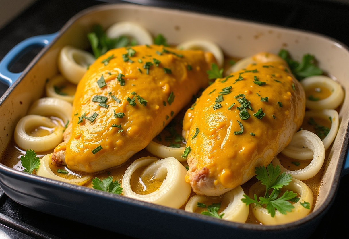 Pechugas de pollo con mostaza en una bandeja para hornear, acompañadas de cebolla y hierbas.