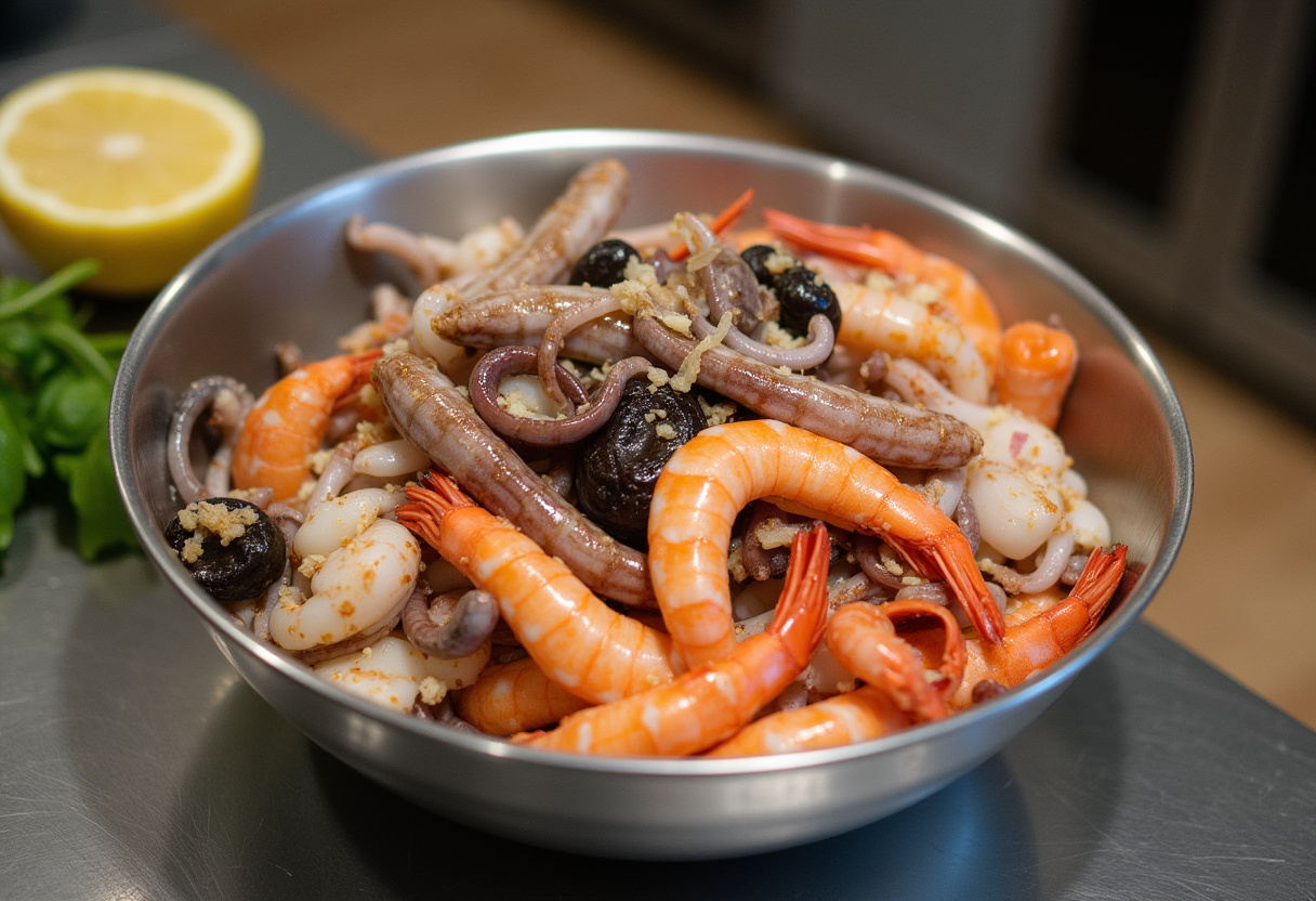 Mezcla fresca de mariscos para preparar salpicón de mariscos