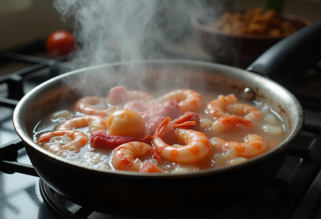 Cocción de camarones y pulpo para el salpicón de mariscos