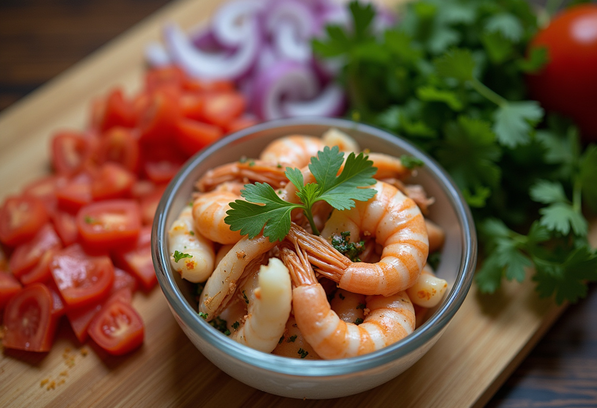 Vegetales frescos picados para mezclar con los mariscos en el salpicón