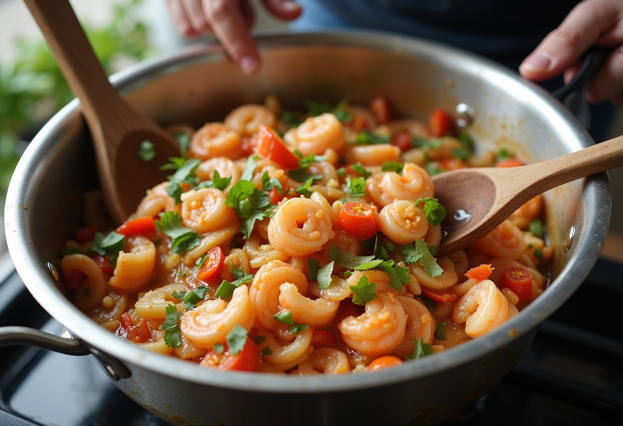 Mezclando mariscos cocidos con vegetales y jugo de limón para el salpicón