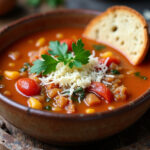 Sopa minestrone a la española servida en un tazón con perejil fresco y queso parmesano, acompañada de pan crujiente.