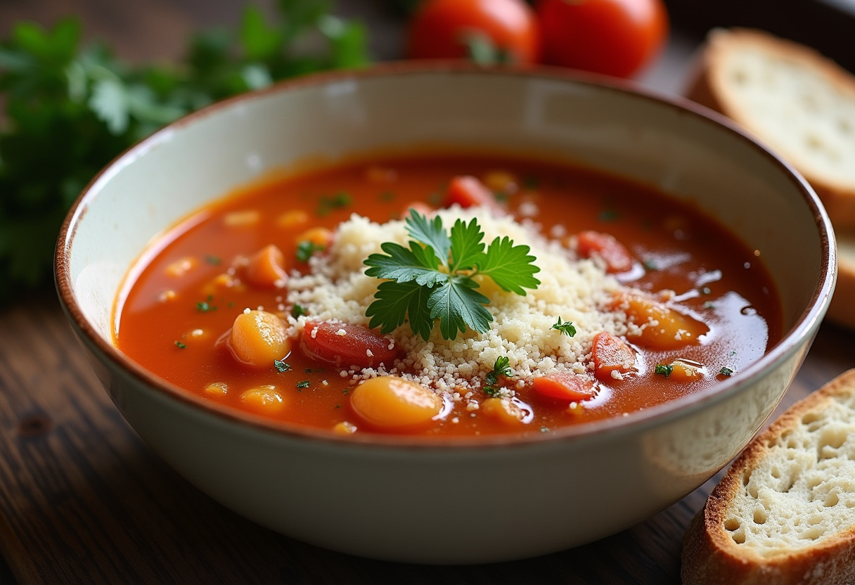 Sopa minestrone a la española servida en un tazón con perejil fresco y queso parmesano, acompañada de pan crujiente.