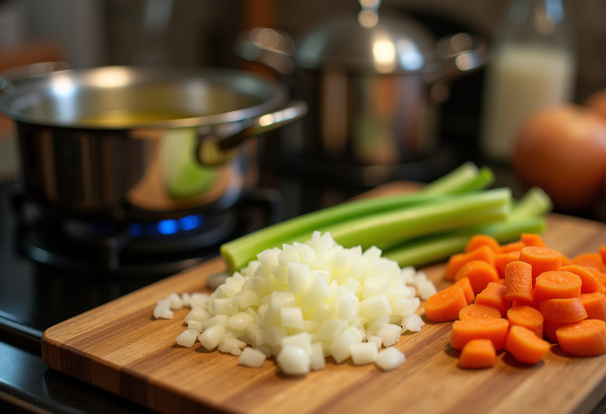 Olive oil calentándose en una olla con cebolla, zanahoria y apio picados para sopa minestrone a la española.