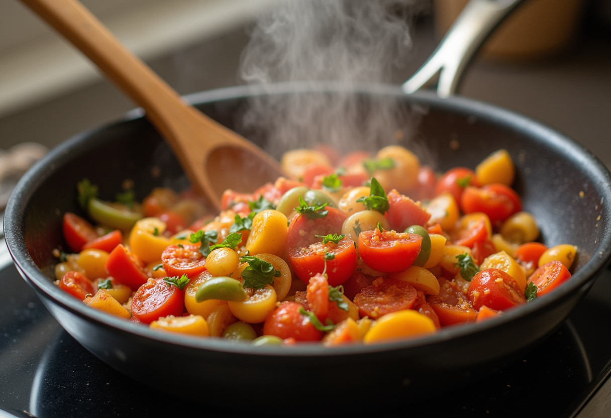 Verduras salteadas con ajo y tomate en una olla para la sopa minestrone a la española.