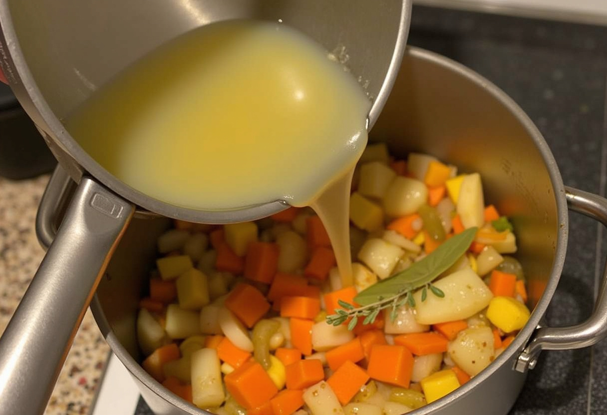 Caldo de verduras añadido a las verduras salteadas para la sopa minestrone a la española.