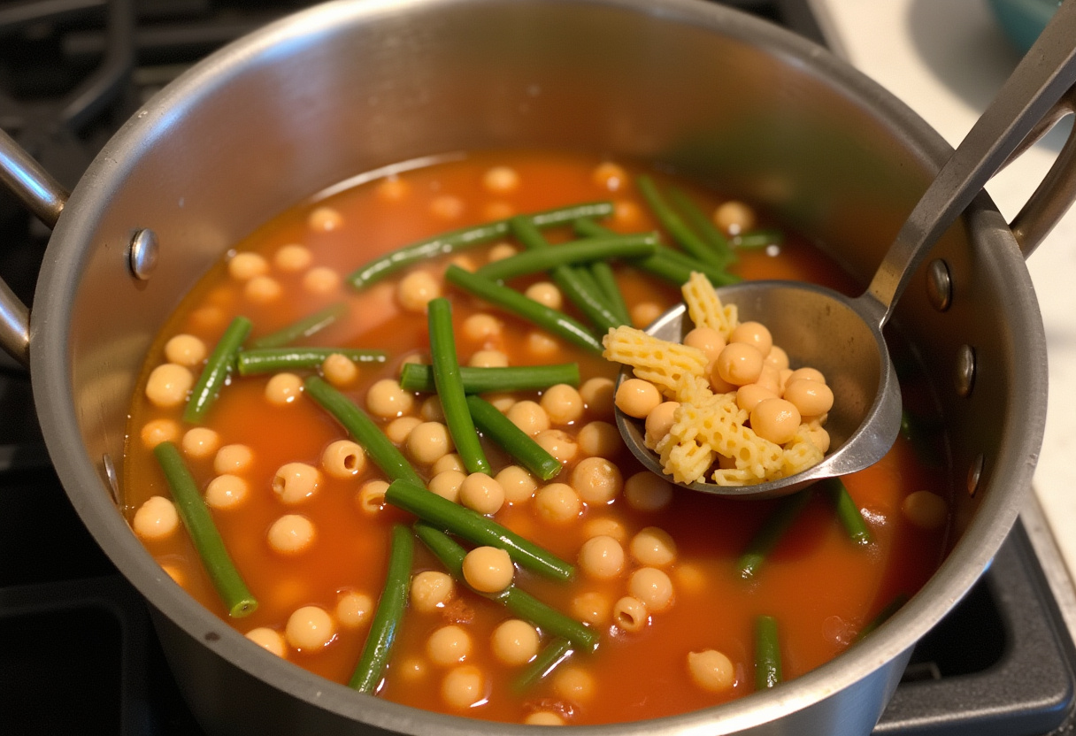 Sopa minestrone a la española hirviendo con garbanzos, judías verdes y pasta.