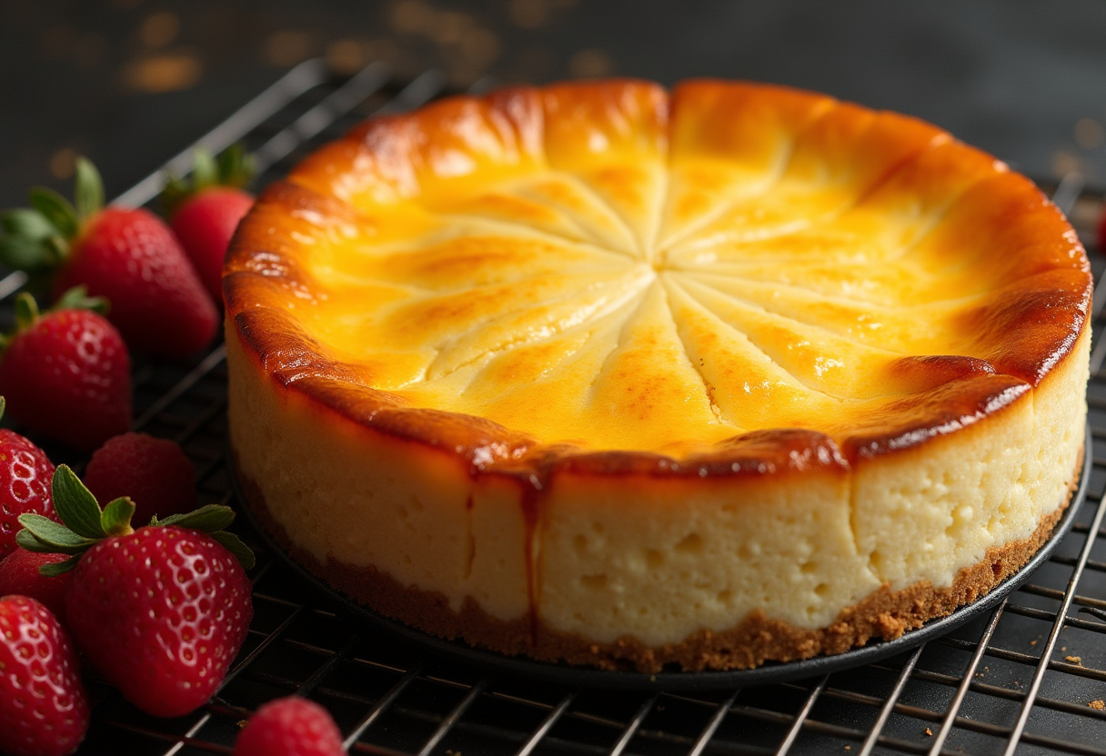 Tarta de queso al horno recién horneada, decorada con frutas frescas.