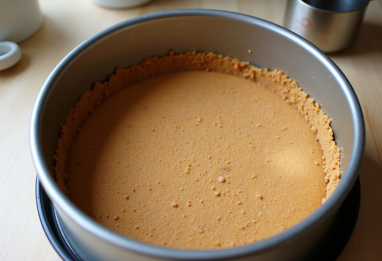Base de galletas graham prensada en un molde desmontable para la tarta de queso.