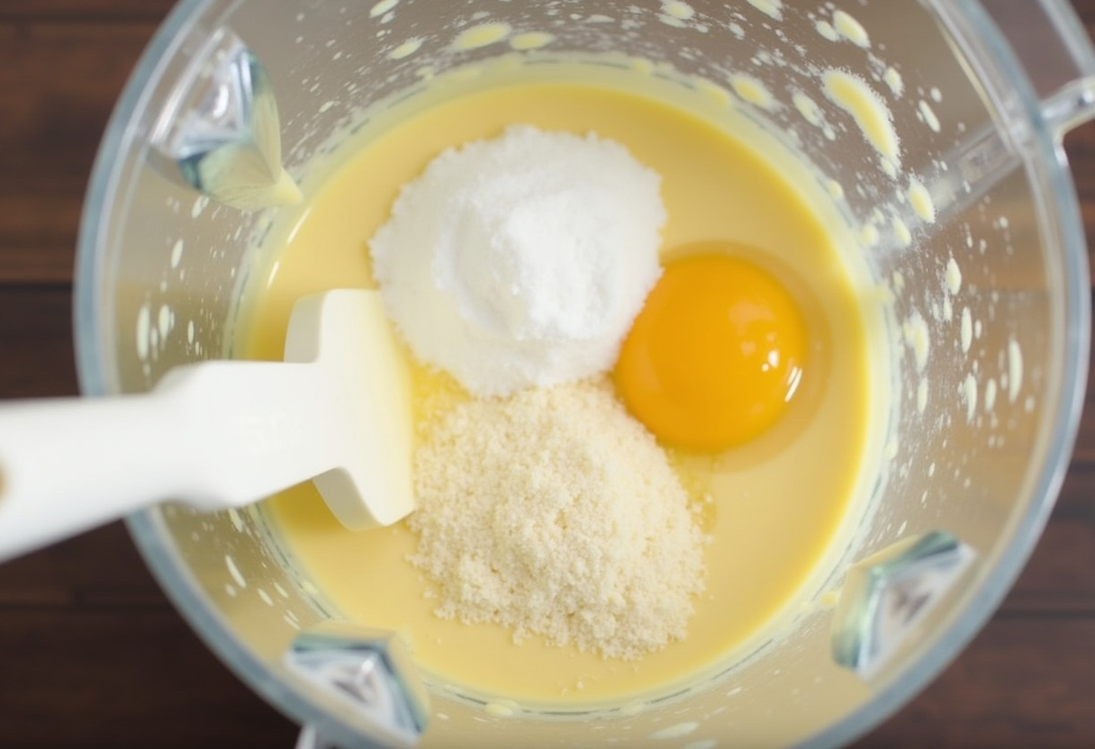 Mezcla de queso crema, azúcar, huevos y vainilla para el relleno de la tarta de queso.