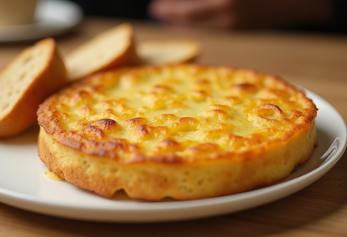 Tortilla de patatas jugosa dorada y ligeramente líquida, lista para servir.