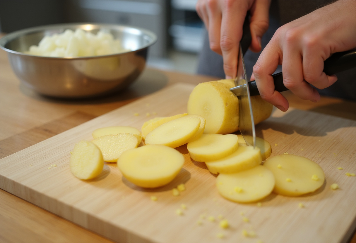 Patatas cortadas friendo en aceite de oliva para la tortilla de patatas jugosa.