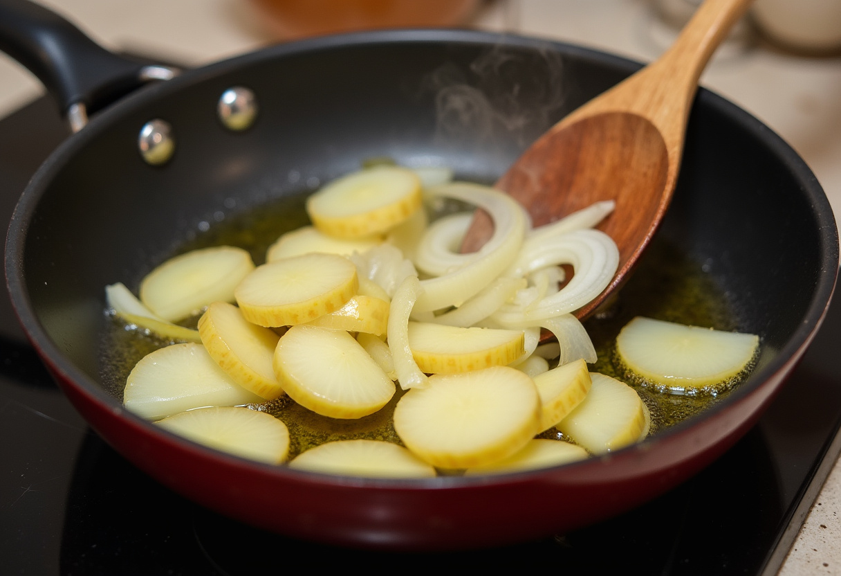 Huevos batidos con sal listos para mezclar con las patatas en la tortilla.