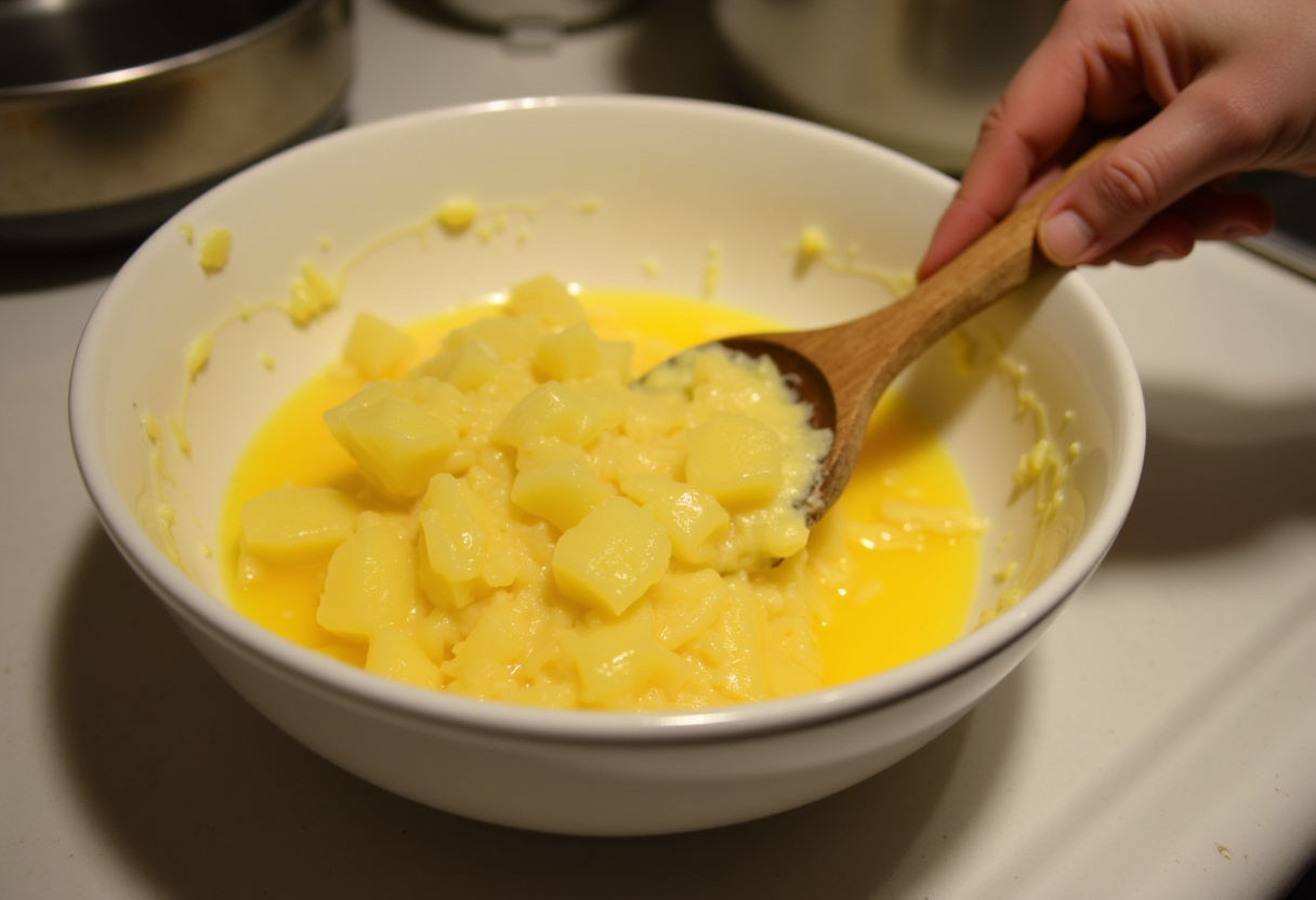 Patatas cocidas mezcladas con huevos batidos para la tortilla de patatas.