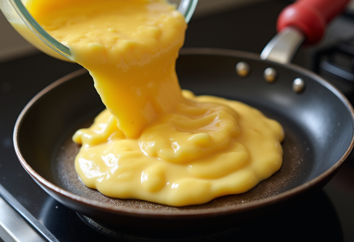 Mezcla de patatas y huevos vertida en la sartén para cocinar la tortilla.