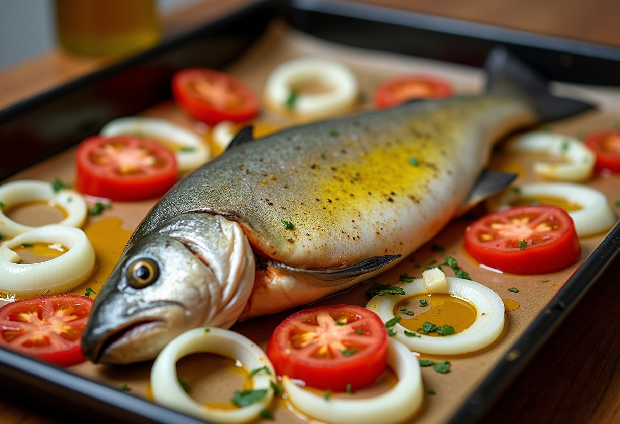 Trucha al horno con aceite de oliva y vegetales cortados para cocinar.