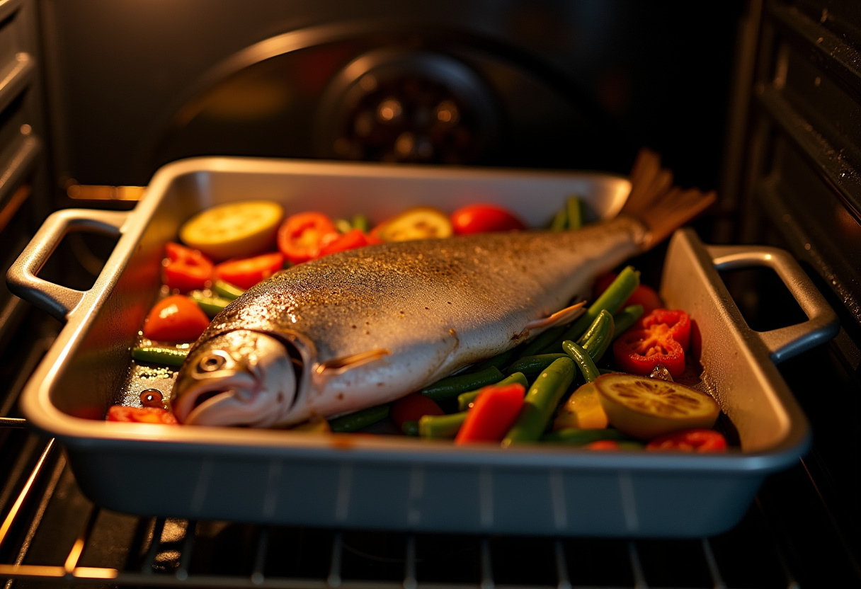 Trucha y vegetales siendo introducidos al horno para cocinar.